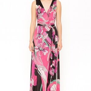 Tahari Retro Floral Maxi Dress size 6 pink